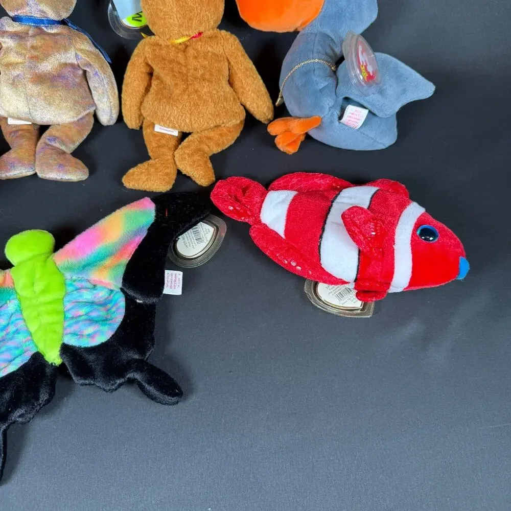 Lot of 8 Ty Beanie Babies Bears Fish Butterfly Dog Plush With Tags Retired